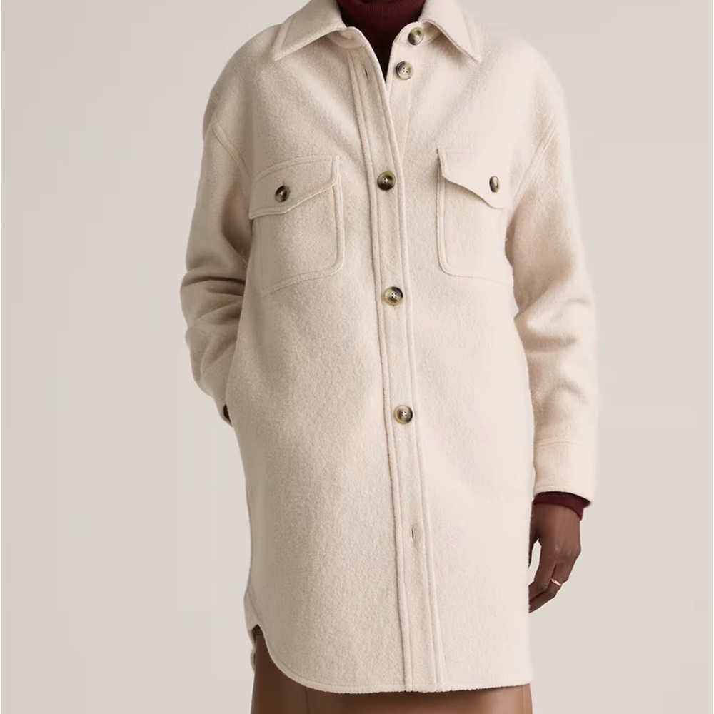 100% merino wool long shirt jacket, cream